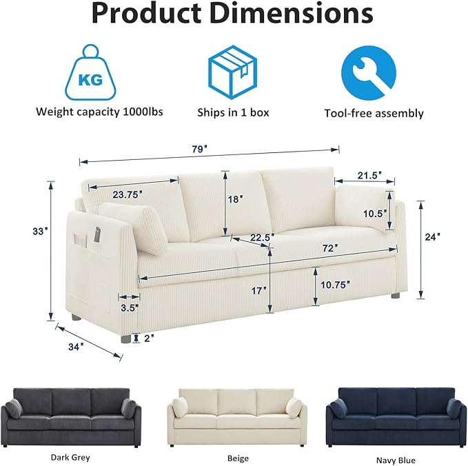3 Pieces Corduroy Living Room Sofa Sets, 3-Seater Couch with Set of 2 Reading Armchairs, Comfy Pillows and Storage Pockets, Modern Living Room Furniture Sets for Apartment, Small Spaces, Grey
