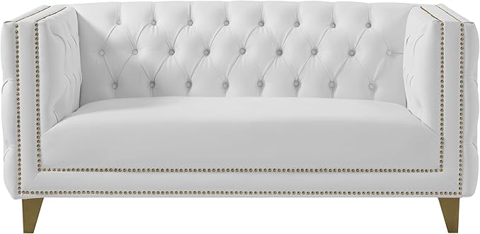 Meridian Furniture 651White-L Michelle Collection Modern | Contemporary Loveseat with Deep Button Tufting, Gold Nailhead Trim and Sturdy Gold Iron Legs, White Vegan Leather, 66" W x 34" D x 30" H