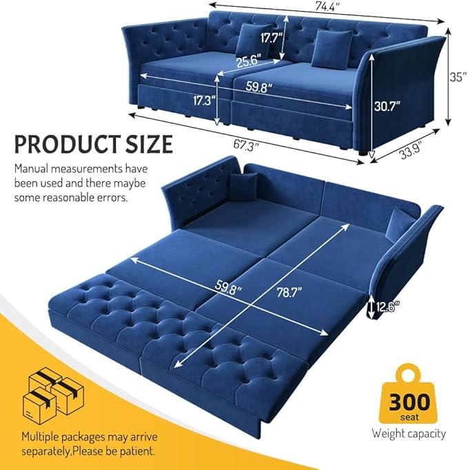 ERYE 3-in-1 Foldable Sleeper Sofa Bed Velvet Fabric Loveseat Sofabed, 74-Inch Queen Loveseat Convertible Pull Out Sleeper Couch Bed with Flower Tufted Accent, Easy Assemble