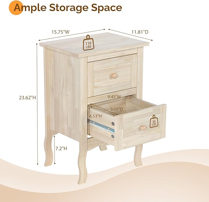 VINGLI Nightstands Set of 2, Unfinished Solid Wood Nightstand Color DIY, Small Nightstand for Bedroom, Natural Wood Night Stand with Drawers, Light Wood Night Stands, Real Wooden Bedside Table - Image 2