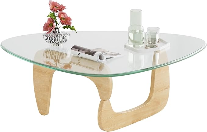 WLIVE Coffee Table, Small Glass Coffee Table with Solid Wood Legs, 36" Mid Century Triangle Living Room Tables, Modern Center Table for Living Room, Reception, Office, Natural