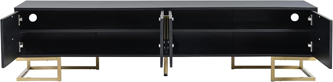 ON-TREND Modern TV Stand with Metal Legs and Gold Handles for TVs Up to 80'', Media Console Table with Cabinets and Adjustable Shelves, Luxury TV Cabinet with Geometric Lines for Living Room, Black - Image 9