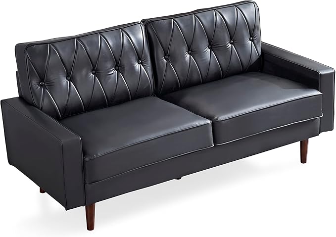 Container Furniture Modern Style Faux Leather Sofa with Elegant Round Tapered Legs and Button Tufted Backrest Perfect for Living Room, Bedroom or Home Office, 69.3’’ Wide, Black