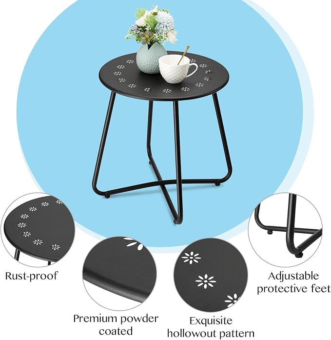 danpinera 2 Outdoor Side Tables with Flower Cut Outs, Weather Resistant Steel Patio Side Table, Small Round Outdoor End Table Metal Side Table for Patio Yard Balcony Garden Black, Set of 2 - Image 4