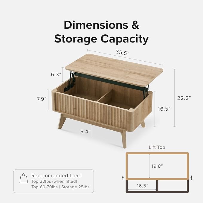 mopio Brooklyn Coffee Table, Lift Top Coffee Tables for Living Room, Mid Century, Modern Farmhouse Center Table with Lifting Top & Hidden Storage, Fluted Panel, Rising Pull Up (Oak Fluted)