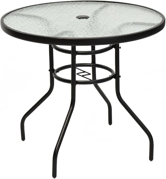 Tangkula 32" Round Outdoor Table with Tempered Glass Top, Patio Dining Table with Umbrella Hole & Metal Frame, Outside Bistro Table for Backyard, Lawn, Deck & Poolside by TANGKULA