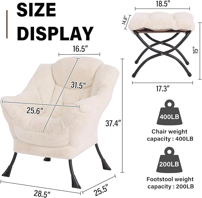 Lazy Chair with Ottoman, Modern Accent Chair Sofa Chair with Armrests, Reading Chair and Folding Footstool for Living Room, Bedroom, Office, Plush Beige