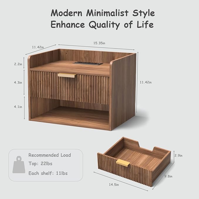 Arbuxzuy Floating Nightstand Set of 2 with Charging Station, Modern Wall Mounted Bedside Table with Drawer & Open Shelf, Minimalist Wooden Night Stand for Bedroom (Walnut Brown) - Image 2