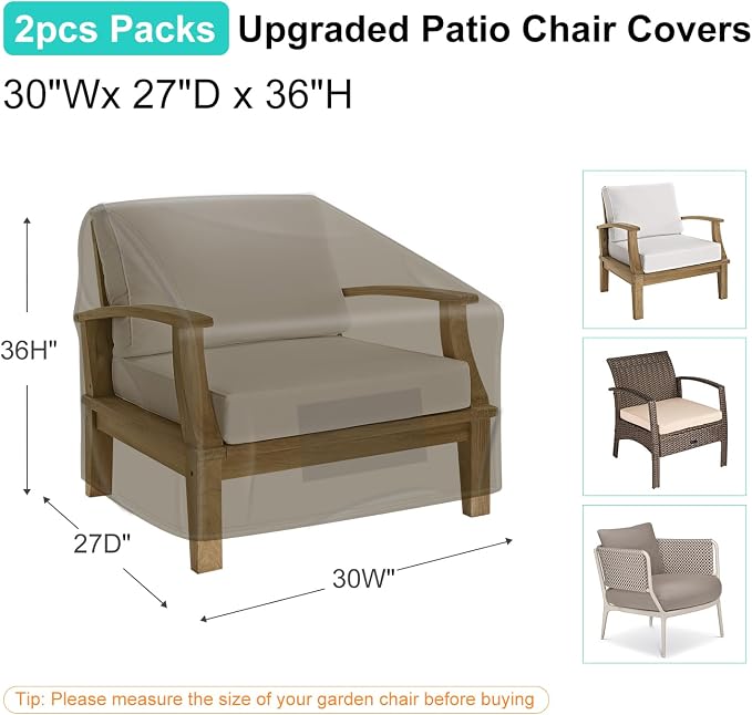 Patio Chair Covers for Outdoor Furniture Waterproof 2 Pack, Lawn Chair Covers 600D Heavy Duty Oxford Cloth, Large Covers for Lounge Lawn Deep Seat 30" W x 27" D x 36" H-Brown - Image 2
