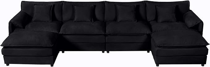 143-Inch U-Shaped Sectional Cloud Sofa Oversized Modular 6 Seaters Sofa Couch with 2 Ottoman Chaise and Pillow Armrest, Chenille Upholstered Convertible Cloud Couch