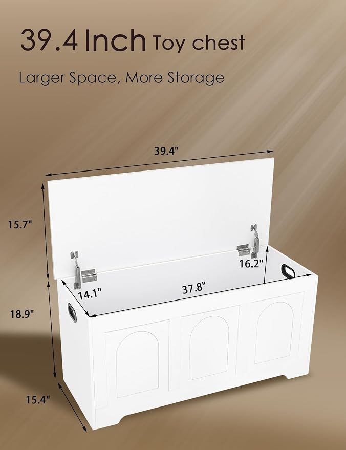 DINZI LVJ Storage Chest, 39.4” Wooden Toy Box with 2 Safety Hinges, Entryway Shoe Bench with Flip-Top, Sturdy Large Storage Trunk for Living Room, Bedroom, Playroom, Easy Assembly, White - Image 3