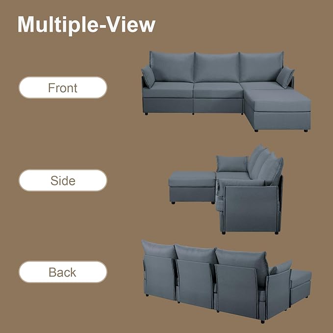 93.7” Sectional Sofa with Movable Ottoman, 3 Seaters L Shaped Couch Modular Sofa Bed with 2 Armrest Pillows, Small Sectional Couch for Living Room Bedroom Small Space Furniture, Gray