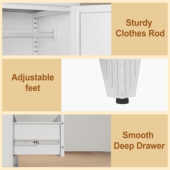 Metal Armoire Wardrobe Closet Storage Cabinet with Mirror White, 71'' Wardrobe Cabinet with Hanging Rod Metal Closet with Adjustable Shelf and Drawer for Bedroom, Laundry Room, Cloak Room