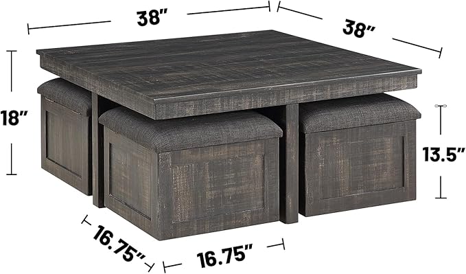 Lilola Home Moseberg 38" W Distressed Gray Oak Square Coffee Table with Faux Concrete Top – Industrial Modern Living Room Centerpiece with Storage Stools