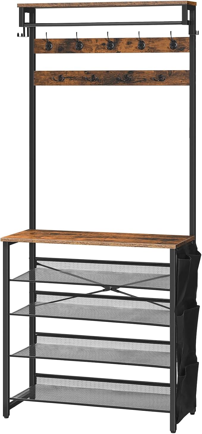 HOOBRO Hall Tree with Bench, Entryway Coat Rack with Shoe Rack, Shoe and Coat Rack, 5 Tier Shoe Storage Organizer with Oxford Fabric Side Pockets, Adjustable Mesh Shelves, Rustic Brown BF75MT01 by HOOBRO