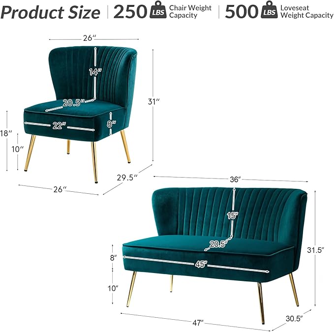 HULALA Home 3 Piece Velvet Living Room Furniture Set, Modern Comfy Upholstered Chair Set with Golden Legs, Include Loveseat & 2 Accent Chairs for Bedroom, Teal Tufted 2-Seater Sofa & Armless Chairs