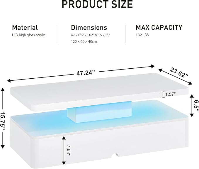 47" Modern Coffee Table with 16 Colors LED Lights, 2 Tier Rectangular Center Table with Large Storage Space, Stylish High Glossy Wooden Tea Tables for Living Room, Bedroom, Home Office, White