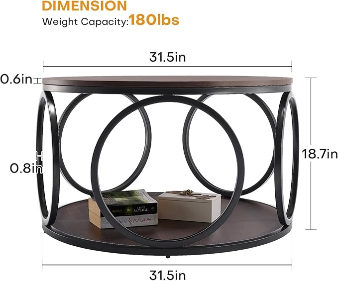 BECHAEO 31.5" Round Coffee Table with Storage, 2 Tier Vintage Coffee Table for Living Room, Industrial Design Wood Top & Metal Legs-Modern Accent Cocktail Tables for Home Office