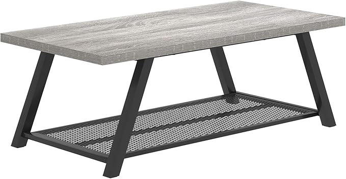 FOLUBAN Industrial Coffee Tables for Living Room with Storage, Rustic Wood and Metal Coffee Table, Modern Rectangle Center Cocktail Tea Table, Light Grey, 47 Inch