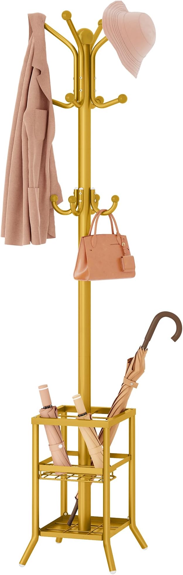 FAVOOSTY Coat Rack Freestanding,Coat Rack Stand with Umbrella Holder,Metal Coat Tree with 12 Hooks,Tree Clothes Hat for Entryway, Hallway, Bedroom, Living Room & Office -Glod by FAVOOSTY