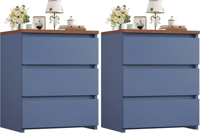 FOTOSOK Nightstand Set of 2 White Nightstand with 3 Drawers, White Bedside Table Night Stand for Bedroom with Cut-Out Handle, Sofa Side Table for Bedroom, Blue by FOTOSOK