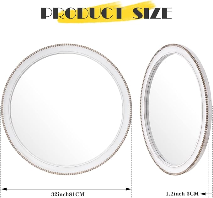 sawsile Round Wood Mirror,32 inch Circle Rustic Farmhouse White Wooden Frame Boho Beads Wall Mirror for Bathroom,Living Room,Bedroom or Entryway - Image 2