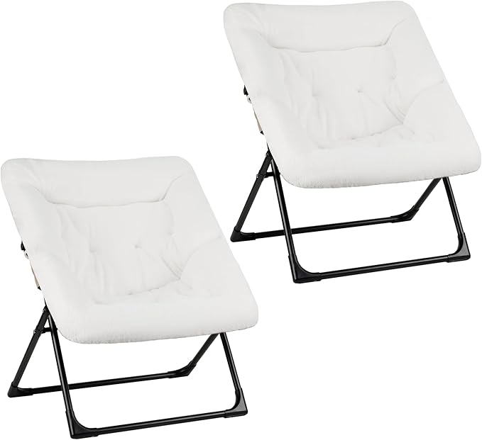 Comfy Saucer Chair for Adults, Set of 2, Soft Faux Fur Bedroom Chair, Accent Dorm Chairs, Flexible Living Room Reading Chairs, Oversized Folding Seat for Teens, X-Large, White