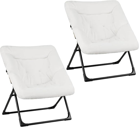 Comfy Saucer Chair for Adults, Set of 2, Soft Faux Fur Bedroom Chair, Accent Dorm Chairs, Flexible Living Room Reading Chairs, Oversized Folding Seat for Teens, X-Large, White