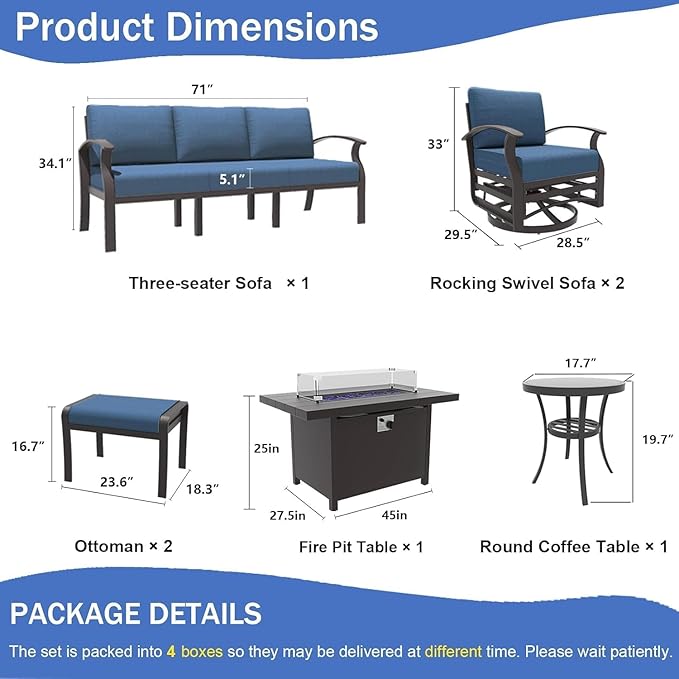 Aluminum Patio Furniture Set with Fire Pit Table, 7 Seats Outdoor Patio Conversation Sets with Swivel Chair Modern Metal Sectional Sofa with Upgrade Cushions for Patio, Backyard - Blue