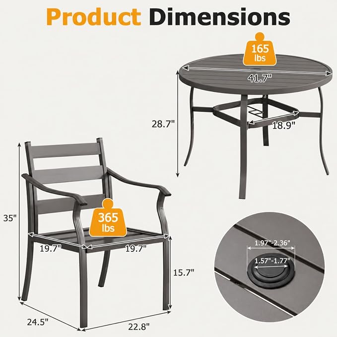 EROMMY 5-Piece Round Outdoor Patio Dining Set, 4 Metal Slat Chairs & Round Table with Umbrella Hole, All-Weather Outdoor Furniture for Backyard, Garden and Poolside - Image 2