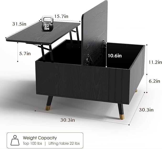 Square Coffee Table with Lift-Top & Flip-Top Storage, 36" Lift Tabletop Dining Center Table with Solid Wood Legs, Functional Modern Black Coffee Tables for Living Room Small Space or Office