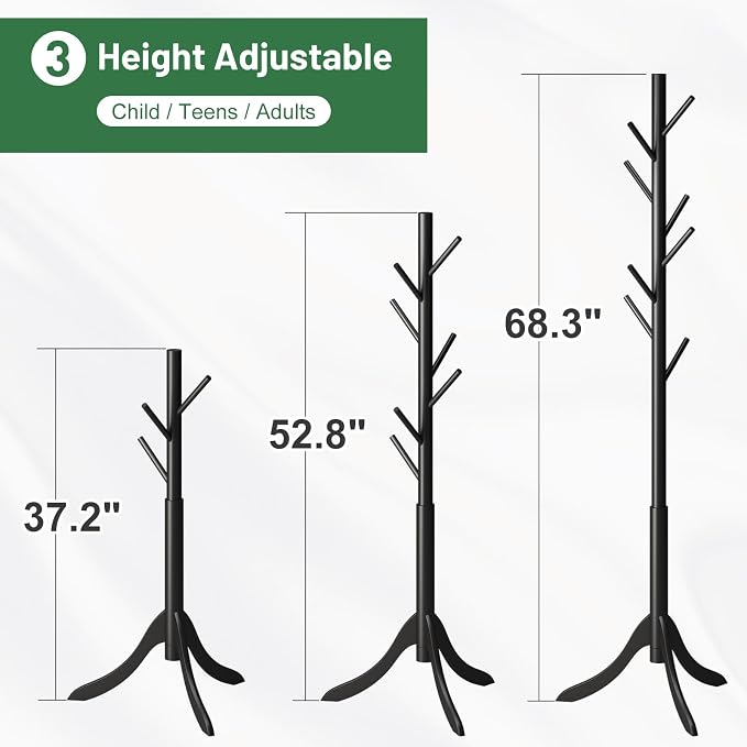 kiplant Black Coat Rack Stand, Bamboo Wood Freestanding Coat Tree with 8 Hooks, Hallway Entryway Hat Hanger Organizer Standing for Bedroom, Office, Clothes, Jackets, Bags, Umbrallas - Image 4