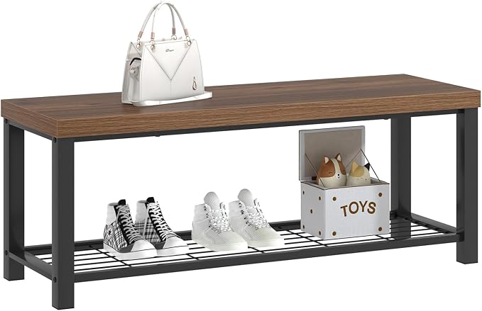 FOLUBAN Shoe Bench, Modern Wood and Metal Storage Bench for Entryway Hallway, Industrial Indoor Bedroom Bench Seat for Living Room, Mudroom, Rustic Walnut, 47 Inch - Image 8