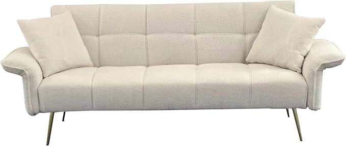 70 inch Upholstered Teddy Fleece Sofabed with Adjustable Arms and Backrest,Modern Convertible Futon Couch W/Metal Legs & Pillows,Love Sofa for Living Room,Bedroom,Apartment,Beige, 70"