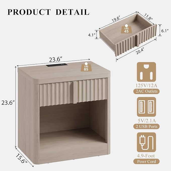 Fluted Nightstand Set of 2 with Charging Station, 23.6" Wood End Table with Solid Wood Handle, Curved Profile Design, Mid Century Moden Bedside Table for Bedroom, White Alder - Image 3