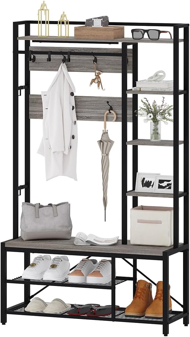 BON AUGURE Hall Tree with Bench and Shoe Storage, Entryway Bench with Coat Rack, Wooden Metal Coat Tree with Hooks, 5 in 1 Multifunctional Shoe Benches and Wall Rack (Dark Gray Oak) - Image 9