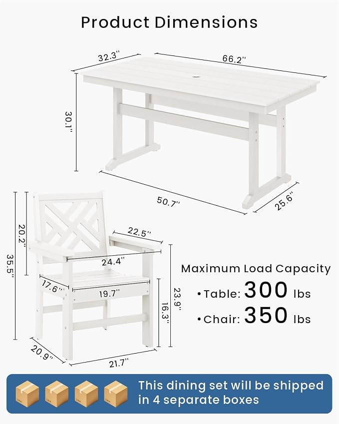 7-Piece Outdoor Dining Set, HDPE All-Weather Patio Table and Chairs Set for 6, Outdoor Patio Furniture Sets with Umbrella Hole for Outside, Deck, Backyard, Garden (White) - Image 2