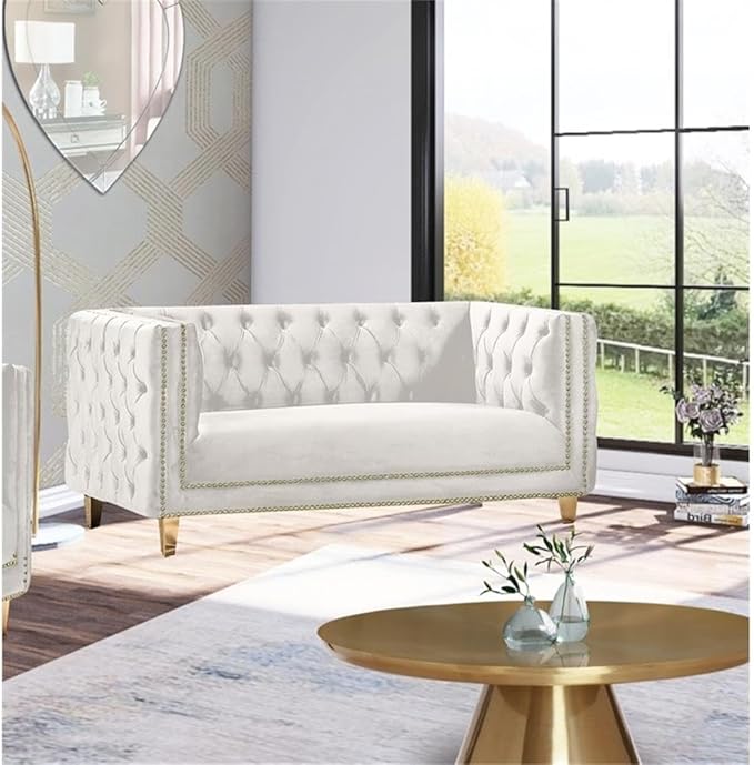 Meridian Furniture 652Cream-L Michelle Collection Modern | Contemporary Loveseat with Deep Button Tufting, Gold Nailhead Trim and Sturdy Gold Iron Legs, Cream Velvet, 66" W x 34" D x 30" H