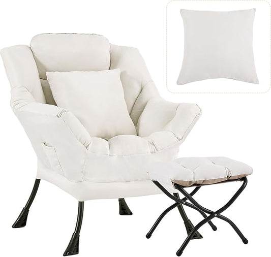Lazy Chair with Ottoman, Large Accent Chair with Ottoman and a Throw Pillow, Beige Reading Chair for Living Room Bedroom Dorm Room Office Apartment Relaxing Use
