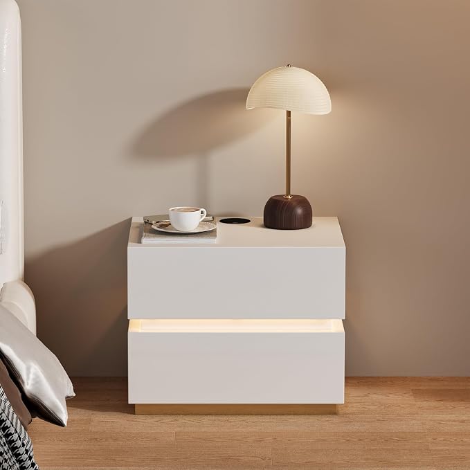 homary Smart Nightstand with LED Light, Wireless Charging Station, USB & Type-C Ports, 2 Drawers – Modern White Bedside Table for Bedroom Storage - Image 8
