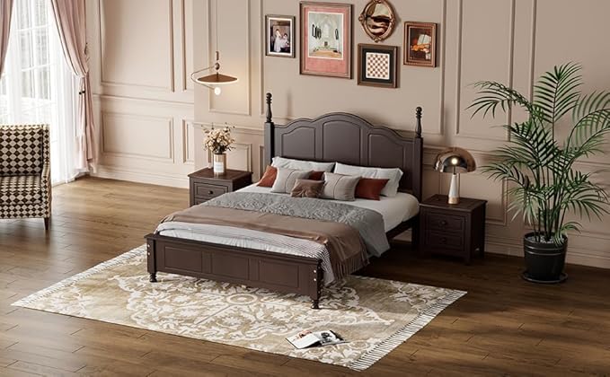 Harper & Bright Designs 3-Piece Full Bedroom Set, Retro Style Wooden Bedroom Furniture Set with Full Size Bed Frame and Two Nightstands for Kids Teens Adults Bedroom, Dark Walnut