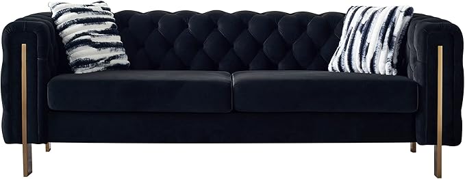 KEIKI 84" Chesterfield Velvet Tufted Button Sofa with Removable Cushions and 2 Toss Pillows, Modern 3-Seater Couch with 4 Gold Metal Legs, Easy Assembly, for Living Room, Bedroom, Apartment, Black