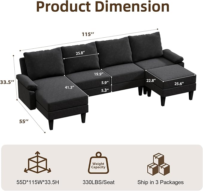 Sectional Couches for Living Room Furniture Sets, 4 Seat L Shaped Couches with Ottoman, Modular Sectional Sofa for Apartment Furniture Sets, Linen Black