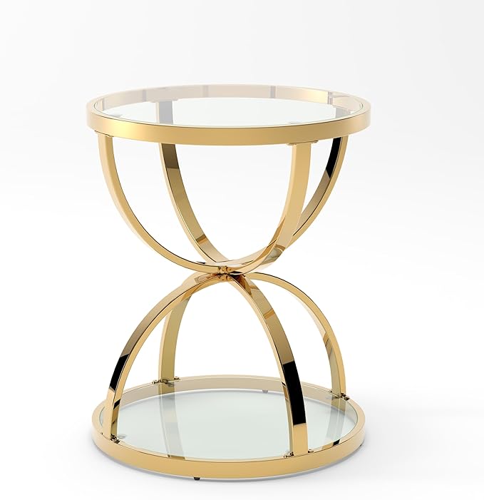 20" Tempered Glass Round Coffee Table Modern Gold Frame Dome Base Two Tiers Circle Small Living Room Center Tables