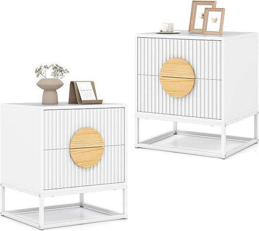 Giantex Fluted Nightstand with 2 Drawers Set of 2, White Wood Bedside Table with Natural Circle Handle & Metal Frame, Minimalist Accent End Table, Modern Mid Century Night Stand for Bedroom by Giantex