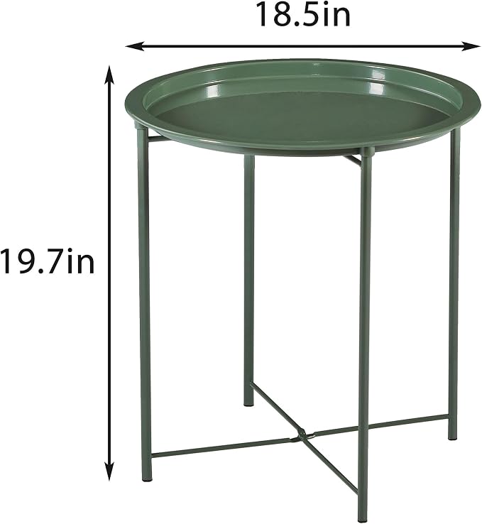 VECELO Side/End Table, Folding Round Metal Anti-Rust and Waterproof Outdoor or Indoor Tray for Living Room Bedroom Balcony and Office, 2 PCS, Dark Green - Image 3