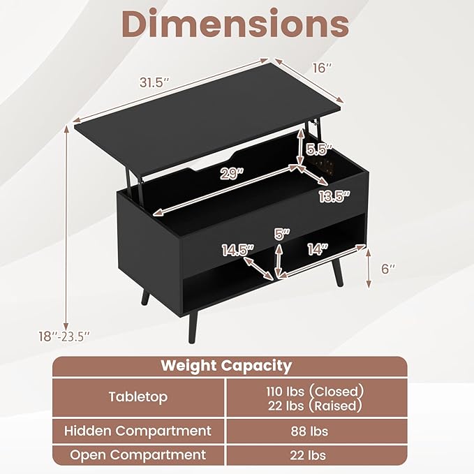 Tangkula Lift Top Coffee Table, Modern Cocktail Table with Hidden Compartment & 2 Open Shelves, Flip Top Center Table, Wooden Pull up Coffee Table for Living Room, Reception Room, Office (Black)