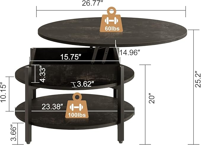 FABATO Round Lift Top Coffee Table with Storage and Hidden Compartment, 26.77'' Farmhouse Coffee Table for Living Room Reception Room, 2 Tier Small Round Coffee Table Circle Dining Table, Black Oak | Lift Top, with Storage, Hidden Compartment, Farmhous...