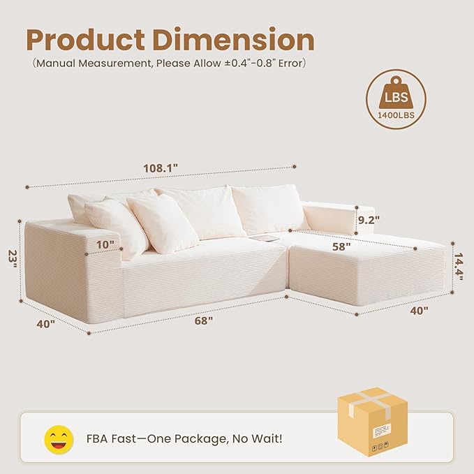 108" L-Shaped Boneless Couch, Modular Sectional Sofa with Moveable Ottoman, Corduroy Cloud Couches for Living Room, No Assembly, Ship in a Box, Beige