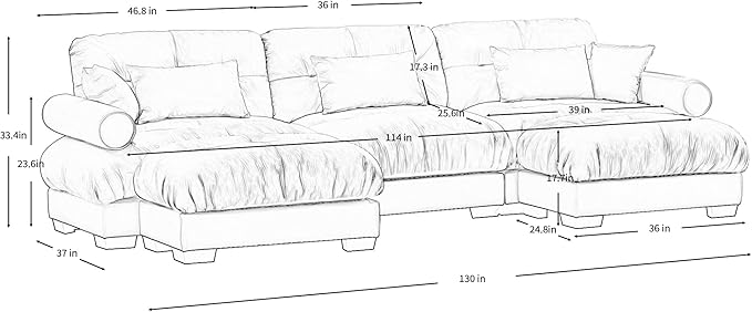 KEIKI 130" U-Shaped Oversized Velvet Modular Sectional Sofa with 2 Ottoman, High-Density Foam Cushions and Bolstered Armrests, Upholstered 3-Seater Cloud Couch with 5 Pillow, for Living Room, Cream